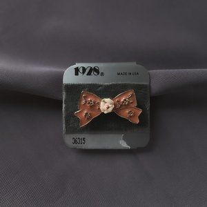 1928 Brand Pink Enamel Gold Victorian Bow Ribbon Rose Cute Flower Brooch Pin